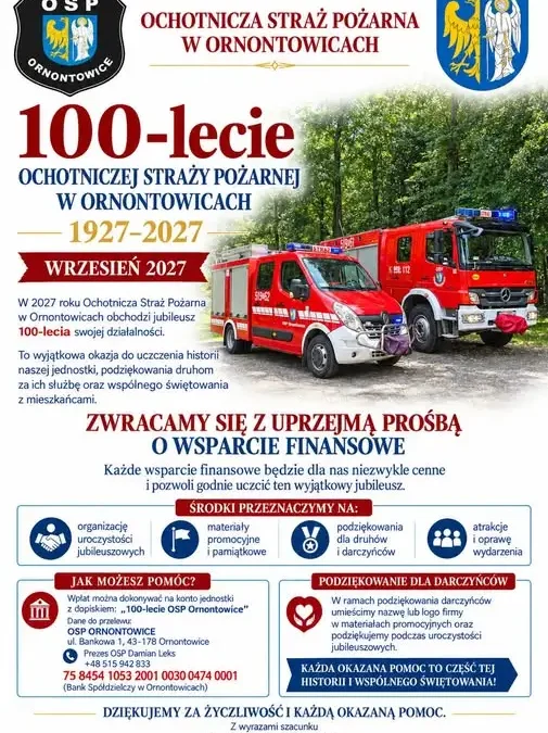 OSP Ornontowice szykuje się do wielkiego jubileuszu – 100 lat służby i pomocy