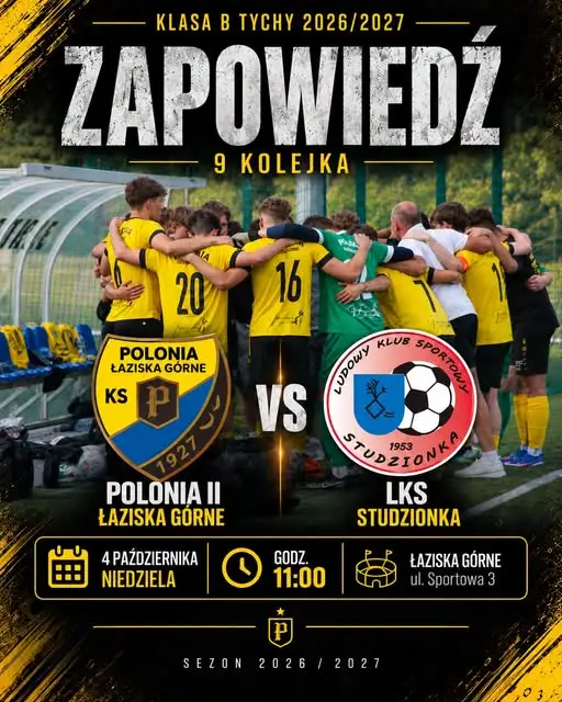 Polonia II Łaziska Górne zagra z LKS Studzionka w 9. kolejce B-Klasy Tychy